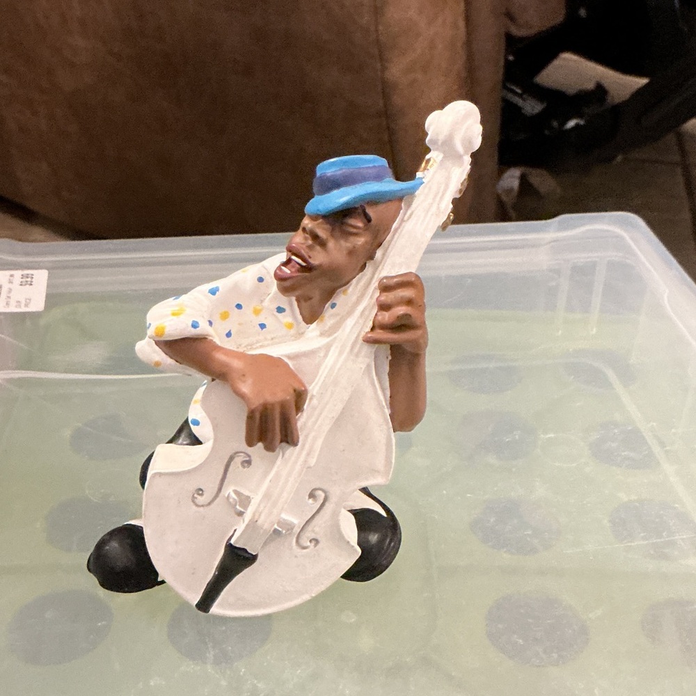 Antartidee Jazz Musician Figurine with White Upright Bass and Blue Hat
